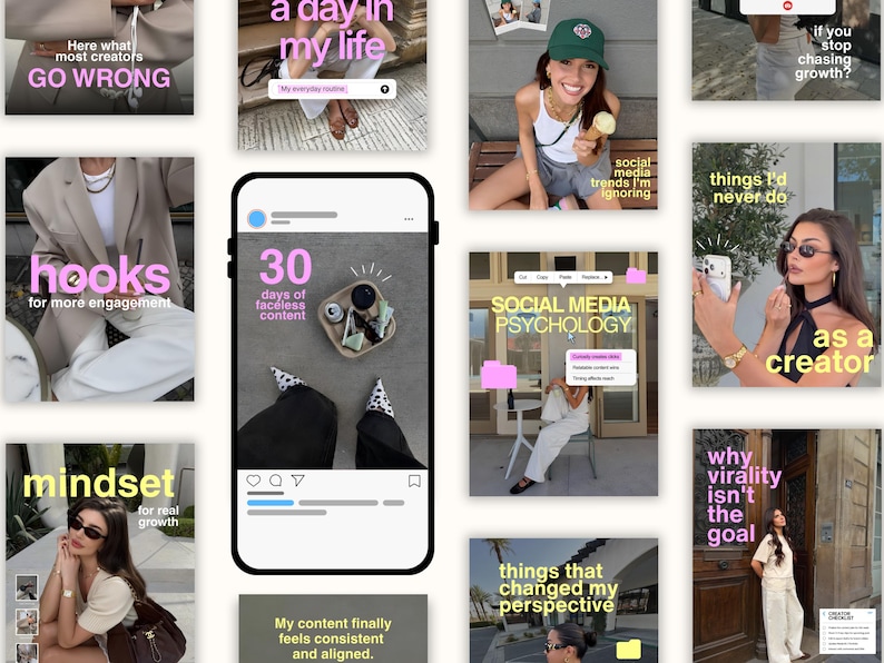 May include: A digital collage of social media content templates featuring various lifestyle images, text overlays, and a central smartphone graphic displaying a post with the text 30 days of faceless content and a top-down view of a small tray.