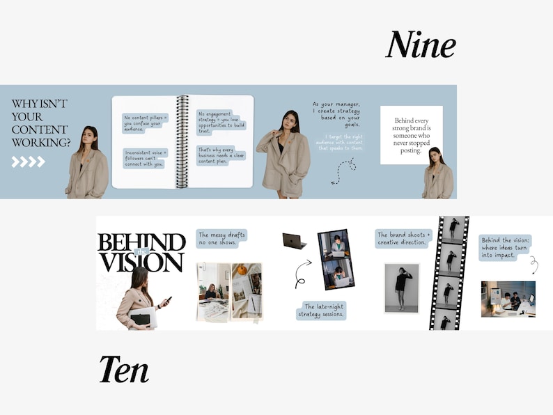May include: A digital marketing presentation with the text "WHY ISN'T YOUR CONTENT WORKING?" and "BEHIND VISION". The image includes a notebook, a laptop, and several photos. A woman is featured in the image.