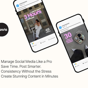 May include: Two smartphones displaying social media posts with text overlays. The left screen reads I used to spend 3 Hours on ONE post and still didn't like how it turned out. The right screen reads 30 days of faceless content. Below are four checkmarks.