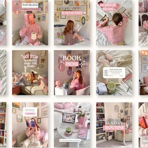 Puede incluir: Un collage de imágenes con una estética rosa y blanca, que presenta libros, rincones de lectura y elementos de estilo de vida. Las superposiciones de texto incluyen "Top Reads", "Book Picks" y "Sunday Routine", lo que sugiere un tema de lectura y relajación.