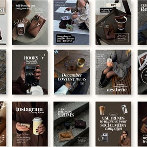 Puede incluir: Una colección de gráficos de Instagram con superposiciones de texto. Las imágenes presentan varios elementos como una funda de teléfono, una taza de café y accesorios. El texto incluye frases como "Resultados del cliente", "Content Game" e "Ideas para historias de Instagram".