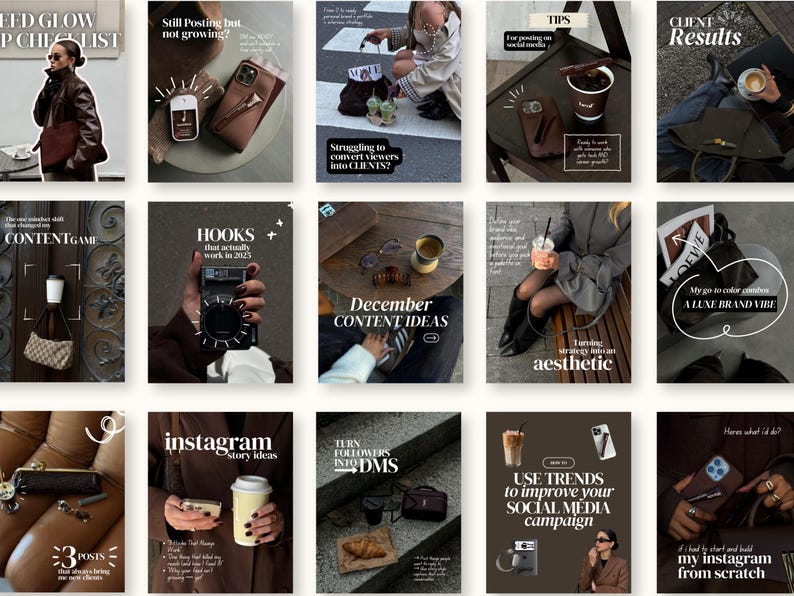 Puede incluir: Una colecci&oacute;n de gr&aacute;ficos de Instagram con superposiciones de texto. Las im&aacute;genes presentan varios elementos como una funda de tel&eacute;fono, una taza de caf&eacute; y accesorios. El texto incluye frases como "Resultados del cliente", "Content Game" e "Ideas para historias de Instagram".
