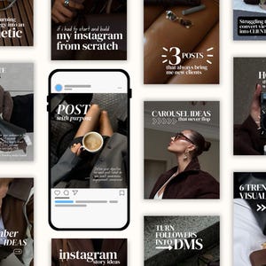 Puede incluir: Una colecci&oacute;n de gr&aacute;ficos con tem&aacute;tica de Instagram con superposiciones de texto. Las im&aacute;genes presentan frases como "Post with Purpose", "Viral Reels" y "Carousel Ideas". La paleta de colores es neutra, con marrones, negros y blancos.
