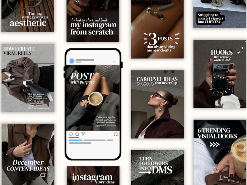 Puede incluir: Una colecci&oacute;n de gr&aacute;ficos con tem&aacute;tica de Instagram con superposiciones de texto. Las im&aacute;genes presentan frases como "Post with Purpose", "Viral Reels" y "Carousel Ideas". La paleta de colores es neutra, con marrones, negros y blancos.