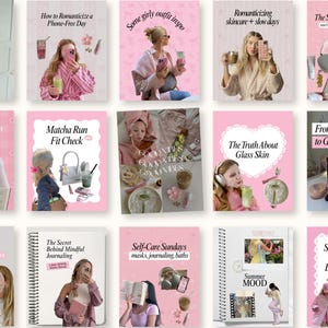 May include: A series of pink-themed social media posts with text including "Taking care of me first" and "Matcha Run Fit Check." The posts feature images of beauty products, journals, and people in self-care routines. The overall theme is self-care and beauty.