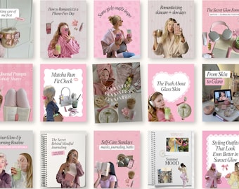 May include: A collection of pink-themed social media posts with text like "Taking care of me first" and "Matcha Run Fit Check." The posts feature images of beauty products, journals, and people in self-care routines. The overall theme is self-care and beauty.