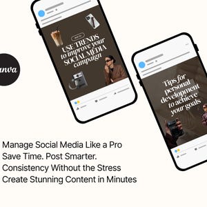 Puede incluir: Dos smartphones muestran consejos para campa&ntilde;as de redes sociales y consejos de desarrollo personal. Una pantalla dice "Usa las tendencias para mejorar tu campa&ntilde;a de redes sociales". La otra dice "Consejos para el desarrollo personal para lograr tus objetivos."