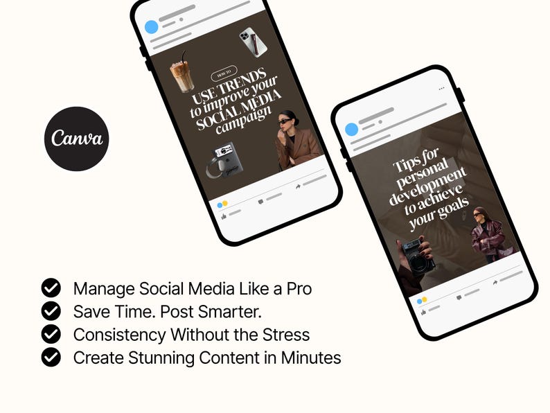 Puede incluir: Dos smartphones muestran consejos para campa&ntilde;as de redes sociales y consejos de desarrollo personal. Una pantalla dice "Usa las tendencias para mejorar tu campa&ntilde;a de redes sociales". La otra dice "Consejos para el desarrollo personal para lograr tus objetivos."