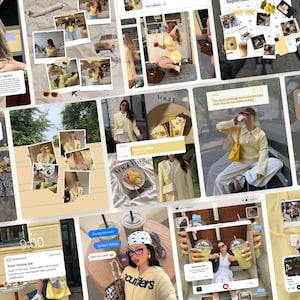 Puede incluir: Un collage de imágenes que presenta a mujeres en varios entornos, mostrando una estética amarillo claro. Las imágenes incluyen fotos, burbujas de texto y una portada de revista Vogue, todo con una paleta de colores y un tema consistentes.