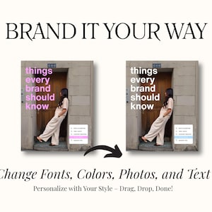 May include: A digital graphic template titled BRAND IT YOUR WAY featuring two side-by-side images of a person leaning against a doorway. The text things every brand should know is displayed in pink and white. Includes a menu with search icons.
