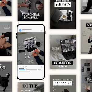 May include: A collection of social media marketing graphics with text like "The Basics to content creation", "Your Digital Signature", and "The Evolution of Brand". The images feature laptops, phones, and other digital tools.