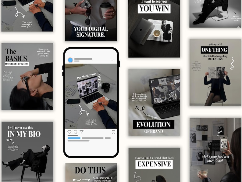 May include: A collection of social media marketing graphics with text like "The Basics to content creation", "Your Digital Signature", and "The Evolution of Brand". The images feature laptops, phones, and other digital tools.