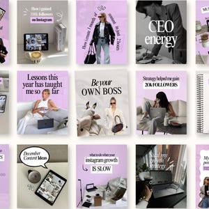 Peut inclure: Ensemble de modèles de publications Instagram sur fond lilas, avec des superpositions de texte. Les sujets incluent la création de contenu, la croissance Instagram et des conseils commerciaux. Images avec ordinateurs portables, tablettes et personnes élégantes.