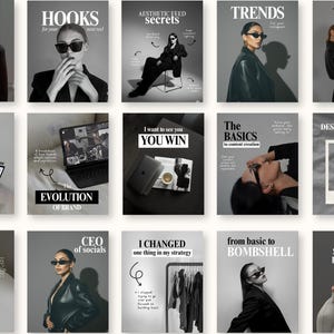 May include: A collection of grayscale promotional images with text overlays. The images feature individuals in stylish attire, sunglasses, and text such as "HOOKS", "TRENDS", and "BUILD YOUR BRAND EBOOK". The overall theme is marketing and social media.