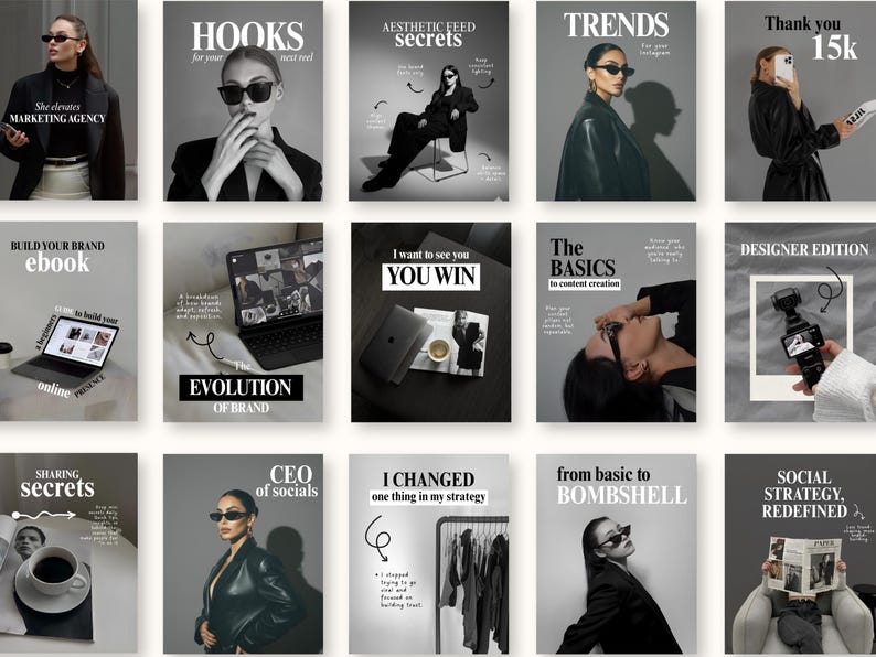 May include: A collection of grayscale promotional images with text overlays. The images feature individuals in stylish attire, sunglasses, and text such as "HOOKS", "TRENDS", and "BUILD YOUR BRAND EBOOK". The overall theme is marketing and social media.