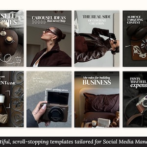 Puede incluir: Una colecci&oacute;n de ocho plantillas de redes sociales con superposiciones de texto. Las plantillas presentan im&aacute;genes de estilo de vida con texto como "How I Sell on Stories", "Carousel Ideas" y "Fonts That Feel Expensive". La parte inferior de la imagen dice "Beautiful, scroll-stopping templates tailored for Social Media Managers."