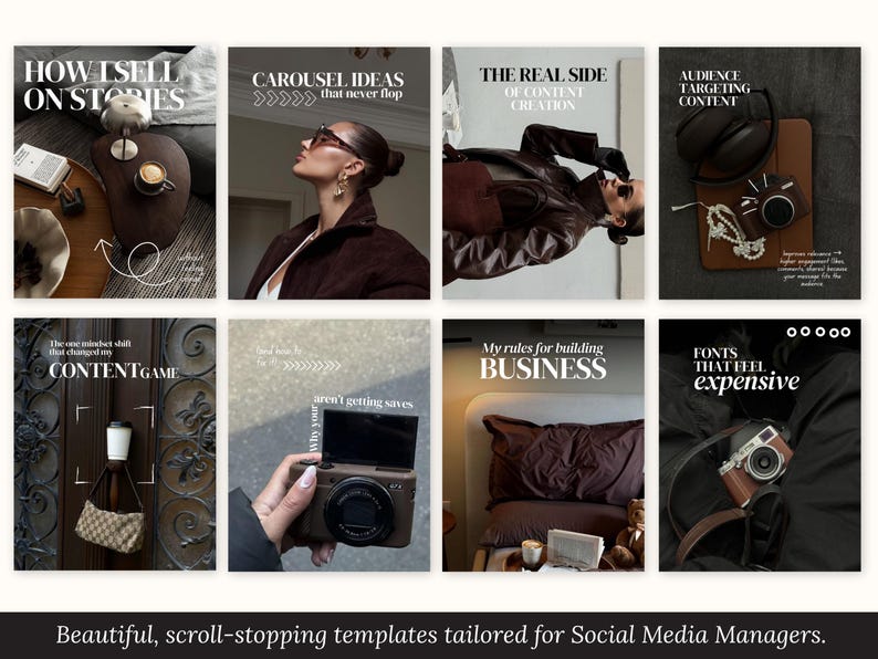 Puede incluir: Una colecci&oacute;n de ocho plantillas de redes sociales con superposiciones de texto. Las plantillas presentan im&aacute;genes de estilo de vida con texto como "How I Sell on Stories", "Carousel Ideas" y "Fonts That Feel Expensive". La parte inferior de la imagen dice "Beautiful, scroll-stopping templates tailored for Social Media Managers."