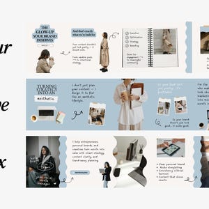 May include: A digital marketing and branding infographic with text and images. The text includes "The Glow-Up Your Brand Deserves" and "Turning Strategy Into An Aesthetic". The infographic is divided into sections with images of people and digital devices.