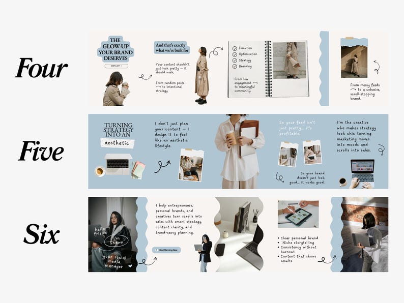 May include: A digital marketing and branding infographic with text and images. The text includes "The Glow-Up Your Brand Deserves" and "Turning Strategy Into An Aesthetic". The infographic is divided into sections with images of people and digital devices.