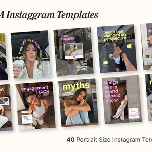 May include: A collection of 40 portrait-sized Instagram templates featuring various lifestyle photographs with overlaid text such as 'SMM Instagram Templates', 'april', 'in my life as a social media manager', 'what happens', 'myths', and 'mindset'.