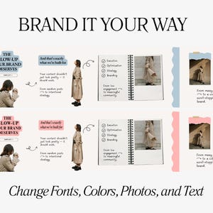 May include: An image with the text "BRAND IT YOUR WAY" and "THE GLOW-UP YOUR BRAND DESERVES". It includes images of a person, a notebook with checklists, and text boxes with design tips. The bottom text reads "Change Fonts, Colors, Photos, and Text".