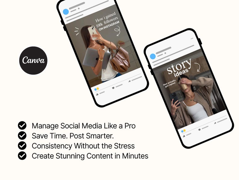 Puede incluir: Dos tel&eacute;fonos inteligentes muestran contenido de redes sociales, uno con el texto "How I gained 100k followers on Instagram." El otro tel&eacute;fono muestra "story ideas." El logotipo de Canva es visible. El texto a continuaci&oacute;n dice: Administre las redes sociales como un profesional.
