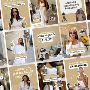 Peut inclure: Une grille de contenu pour réseaux sociaux présentant diverses images d'une personne en vêtements aux tons neutres, incluant des hauts et pantalons blancs, avec des textes superposés comme A Day in the Life of a Social Media Manager et 20k Followers.