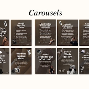 Puede incluir: Una serie de carruseles de redes sociales marrones con texto blanco. Los carruseles cubren temas como la identificaci&oacute;n de tendencias, la alineaci&oacute;n de contenido, el an&aacute;lisis del rendimiento y la creaci&oacute;n de publicaciones. Cada carrusel presenta im&aacute;genes de caf&eacute;, tel&eacute;fonos y personas.