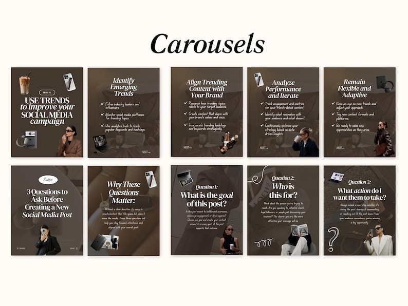 Puede incluir: Una serie de carruseles de redes sociales marrones con texto blanco. Los carruseles cubren temas como la identificaci&oacute;n de tendencias, la alineaci&oacute;n de contenido, el an&aacute;lisis del rendimiento y la creaci&oacute;n de publicaciones. Cada carrusel presenta im&aacute;genes de caf&eacute;, tel&eacute;fonos y personas.