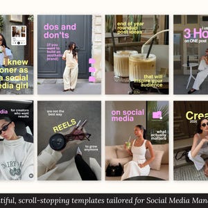 May include: A collection of eight digital social media templates featuring lifestyle photography, including images of people in casual clothing, iced coffee drinks, and text overlays with phrases like what I wish I knew sooner, dos and don'ts, and Creator 2026 Cheatsheet.
