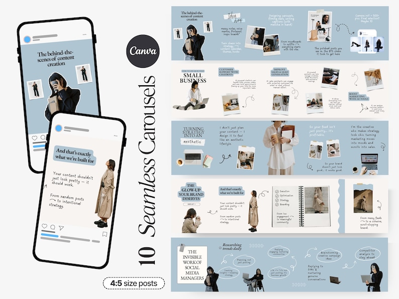 May include: A digital marketing template set for social media, featuring 10 seamless carousel posts in a 4:5 size. The design includes light blue backgrounds, text, and images related to content creation and small business strategies.
