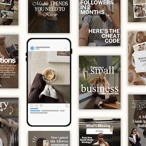 Puede incluir: Una colecci&oacute;n de gr&aacute;ficos con tem&aacute;tica de Instagram con superposiciones de texto. Las im&aacute;genes presentan caf&eacute;, moda y consejos sobre redes sociales. El texto incluye "Media Trends You Need to Know" y "Story Ideas."