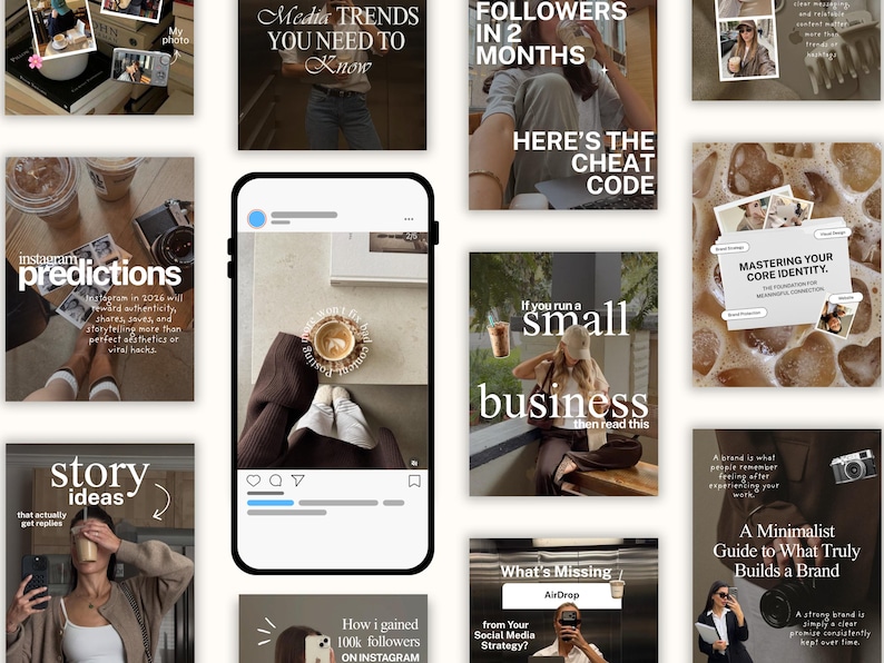 Puede incluir: Una colecci&oacute;n de gr&aacute;ficos con tem&aacute;tica de Instagram con superposiciones de texto. Las im&aacute;genes presentan caf&eacute;, moda y consejos sobre redes sociales. El texto incluye "Media Trends You Need to Know" y "Story Ideas."