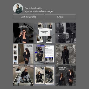 Może przedstawiać: Siatka profilu na Instagramie przedstawiająca kobietę w r&oacute;żnych czarnych strojach, z nakładkami tekstowymi takimi jak "CONTENT", "NOVEMBER recap" i "GET MORE Clients". Zdjęcie profilowe przedstawia kobietę w okularach przeciwsłonecznych. Og&oacute;lna estetyka jest nowoczesna i stylowa.