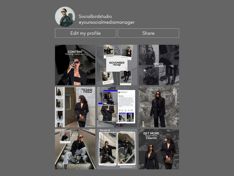 Może przedstawiać: Siatka profilu na Instagramie przedstawiająca kobietę w r&oacute;żnych czarnych strojach, z nakładkami tekstowymi takimi jak "CONTENT", "NOVEMBER recap" i "GET MORE Clients". Zdjęcie profilowe przedstawia kobietę w okularach przeciwsłonecznych. Og&oacute;lna estetyka jest nowoczesna i stylowa.