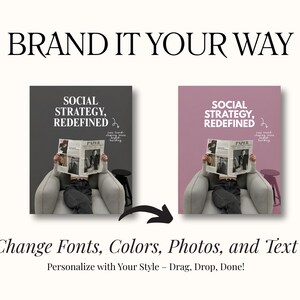 May include: Image promoting branding options. The text "BRAND IT YOUR WAY" is at the top. Below, two mockups show a person reading a newspaper with the headline "SOCIAL STRATEGY, REDEFINED." The text "Change Fonts, Colors, Photos, and Text" is below.