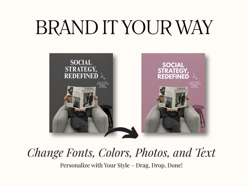 May include: Image promoting branding options. The text "BRAND IT YOUR WAY" is at the top. Below, two mockups show a person reading a newspaper with the headline "SOCIAL STRATEGY, REDEFINED." The text "Change Fonts, Colors, Photos, and Text" is below.