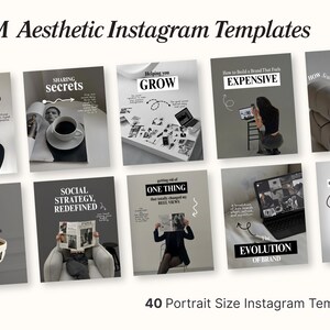 May include: A collection of 40 portrait-size Instagram templates with a minimalist aesthetic. Each template features a grayscale design with text overlays, including phrases like "Content Guide," "Sharing Secrets," and "Evolution of Brand."