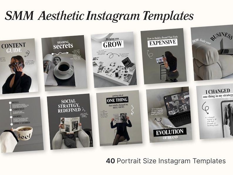May include: A collection of 40 portrait-size Instagram templates with a minimalist aesthetic. Each template features a grayscale design with text overlays, including phrases like "Content Guide," "Sharing Secrets," and "Evolution of Brand."