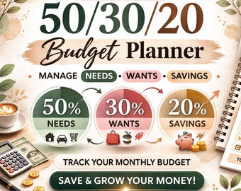 50/30/20 Budget Planner Printable | Monthly Finance Tracker (US Letter PDF)