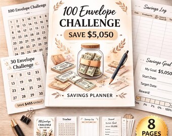 100 Envelope Challenge Savings Tracker | Save 5,050 Dollars Budget Planner (PDF Download)