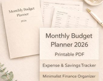 Monthly Budget Planner 2026 | Minimalist Expense Savings Tracker (Printable PDF)