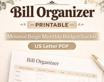 Bill Organizer Printable PDF | Monthly Bill Tracker & Payment Log | Budget Planner Worksheet | US Letter