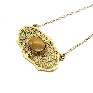 Gold Filigree Necklace, Tigers Eye Pendant Necklace, Vintage Tigers Eye Jewelry, Gold Filled Art Deco Necklace image 3