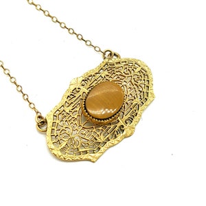 Gold Filigree Necklace, Tigers Eye Pendant Necklace, Vintage Tigers Eye Jewelry, Gold Filled Art Deco Necklace image 5
