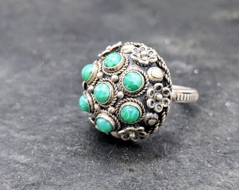 Vintage Silver Peking Glass Ring, 800 Silver Dome Ring, Large Flower Ring, Green Turquoise Stone Ring, Vintage Rings Size 7.5