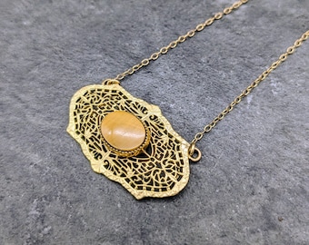 Collar vintage de filigrana de oro vermeil, colgante ovalado de ojo de tigre, estilo art déco.