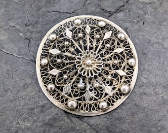 Antique Silver Brooch Antique Filigree Jewelry Victorian Sash Pin Celestial Edwardian Jewelry