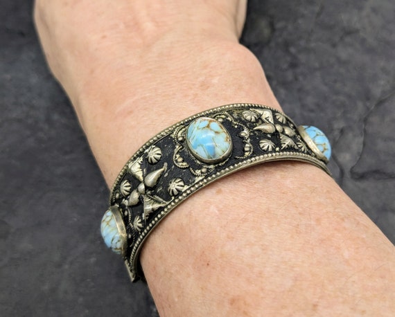 Vintage Bracelet Antique Silver Turquoise Blue Gl… - image 8