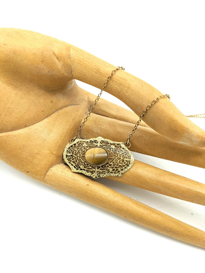 Gold Filigree Necklace, Tigers Eye Pendant Necklace, Vintage Tigers Eye Jewelry, Gold Filled Art Deco Necklace image 6